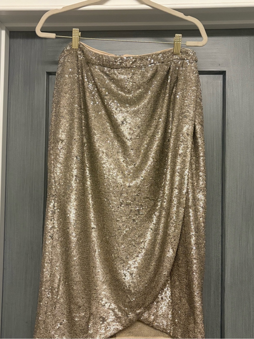 White House Black Market Gold Sequin Draped Maxi Skirt